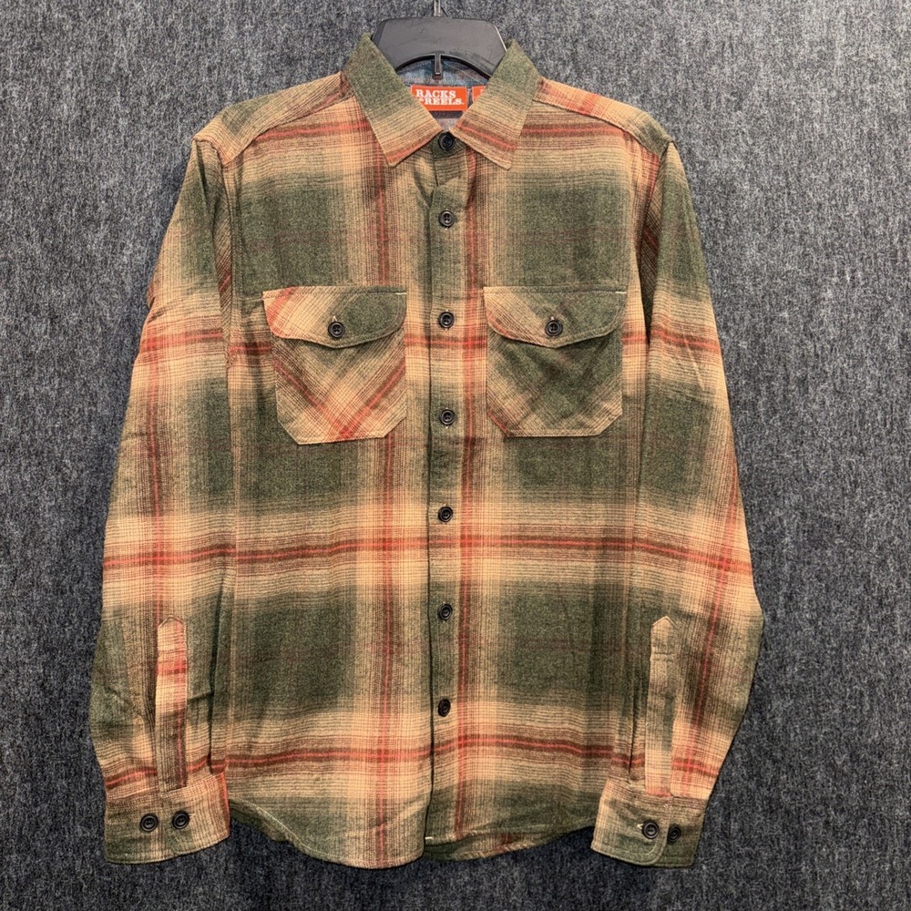 Racks & Reels Men's Plaid Small Long Sleeve Shirt Brown Green Pockets Cotton